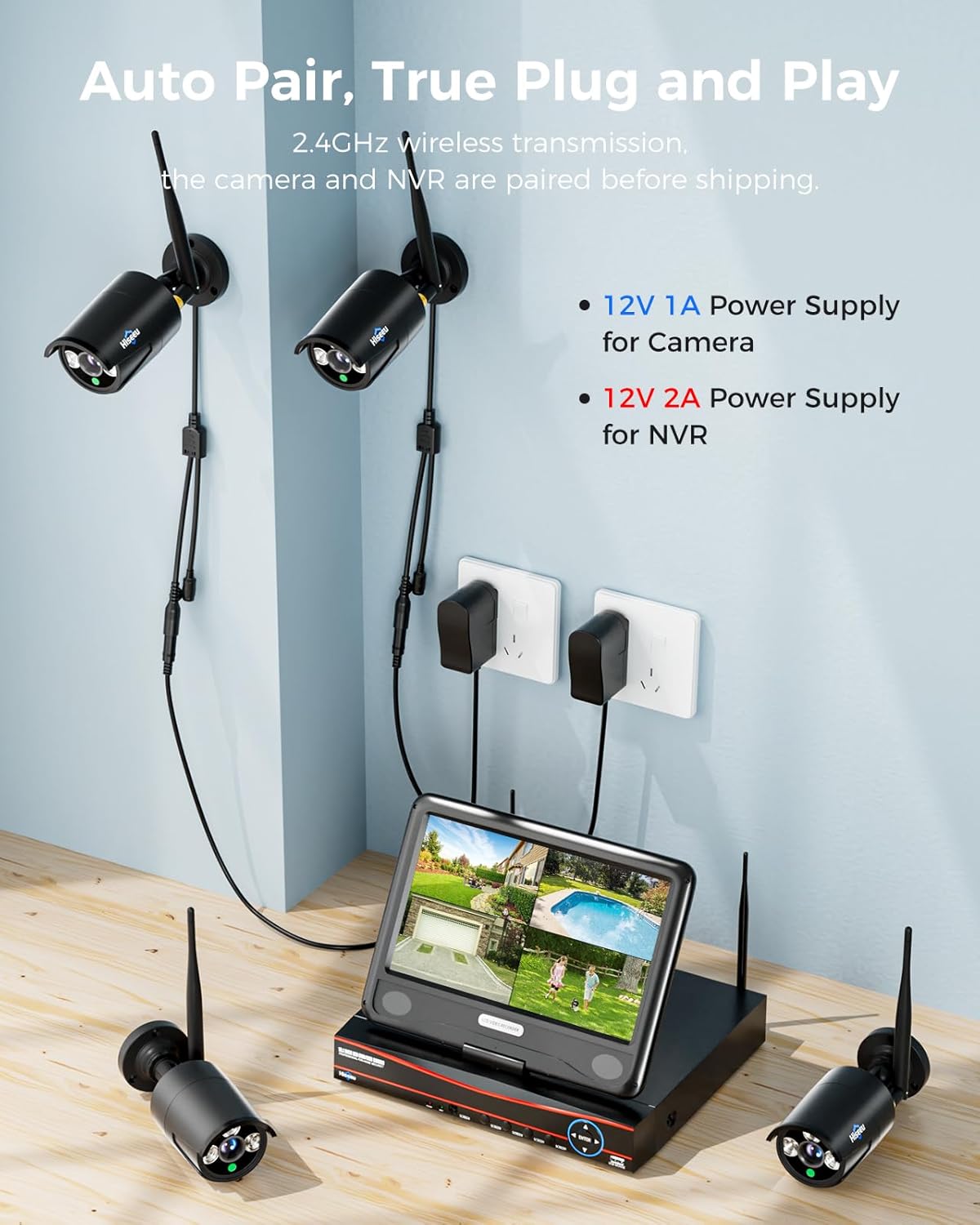 Hiseeu Home Security Camera System, 24/7 Recording Wired Plug-in Powered 4Pcs 5MP Outdoor Cameras, 10.1" LCD 16CH 8MP NVR&Monitor, One-Way Audio, Motion Detection, 1TB HDD, 2.4G/5G Wireless WiFi Pro