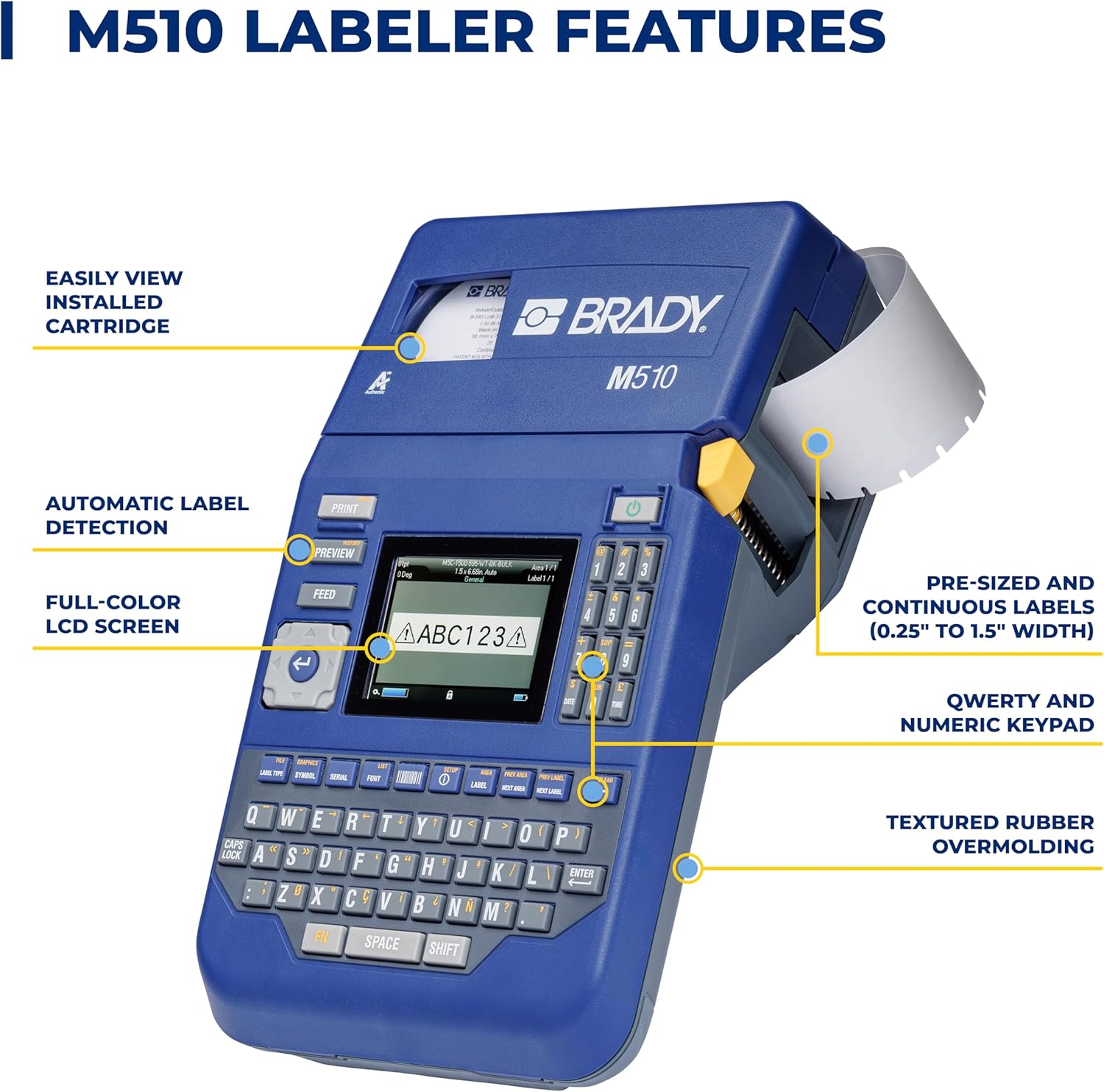 Brady M510 Portable Industrial Label Printer Kit with Product and Wire ID Software, Carrying Case, Label Cartridge, Rechargeable Battery and Charger, 3.75" H x 5.75" W x 10" D