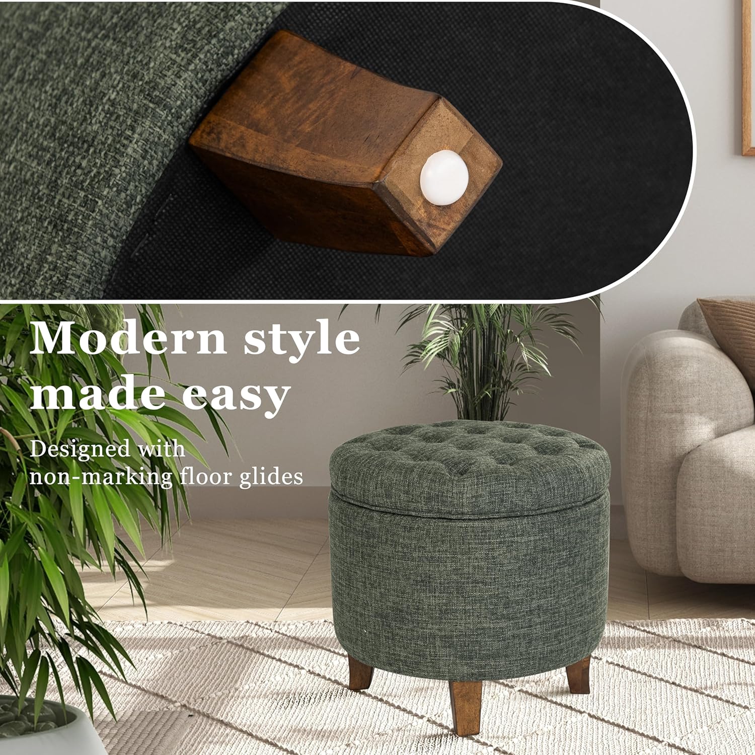 Homepop Home Decor | Upholstered Round Tufted Foot Rest Ottoman | Ottoman with Storage for Living Room & Bedroom | Decorative Home Furniture, Green Clover Fabric