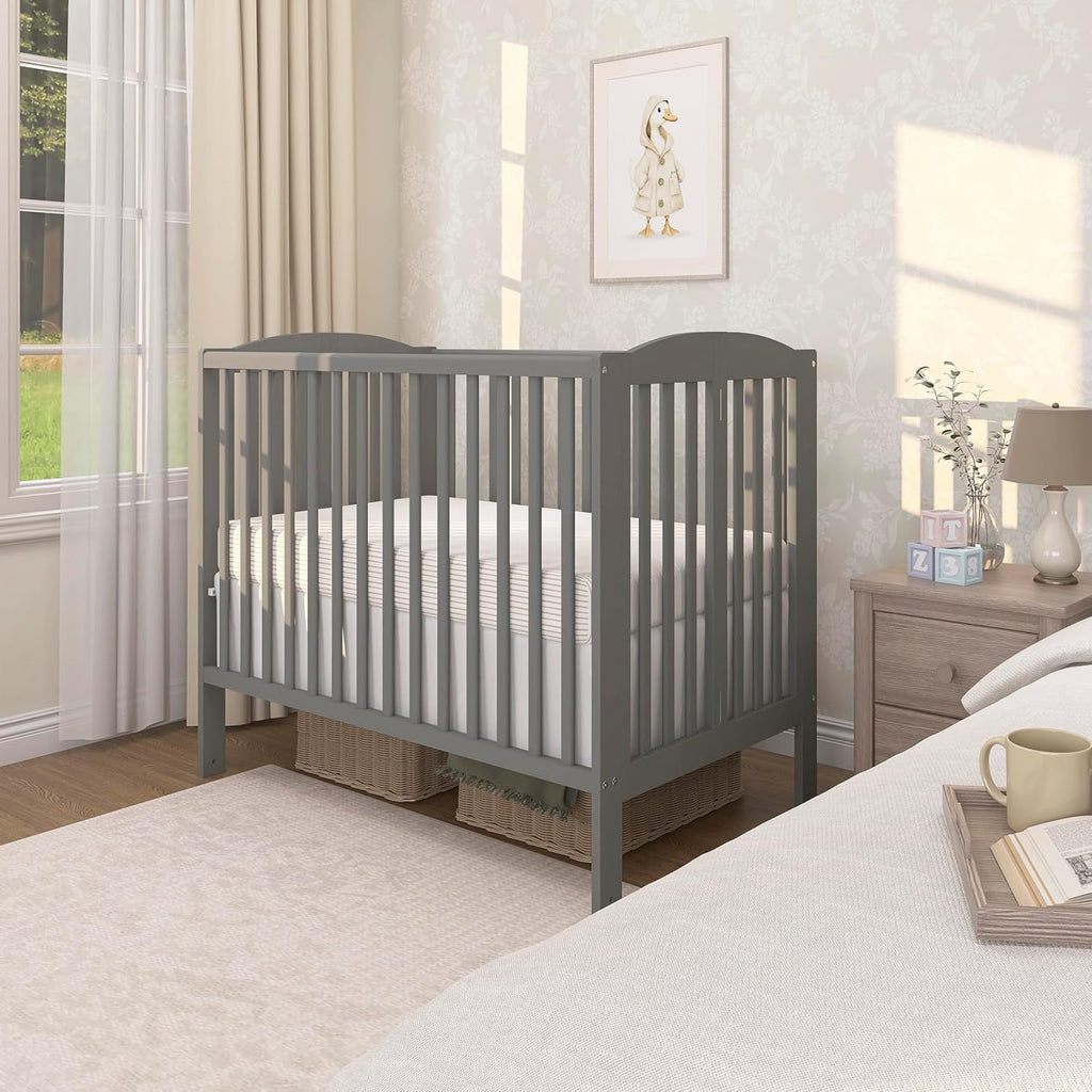 Dream On Me Full-Size 2-in-1 Folding Baby Crib in Steel Grey, GreenGuard Gold & JPMA, Portable, Patented Quick Folding System, Strong Wheels, 2 Adjustable Mattress Heights
