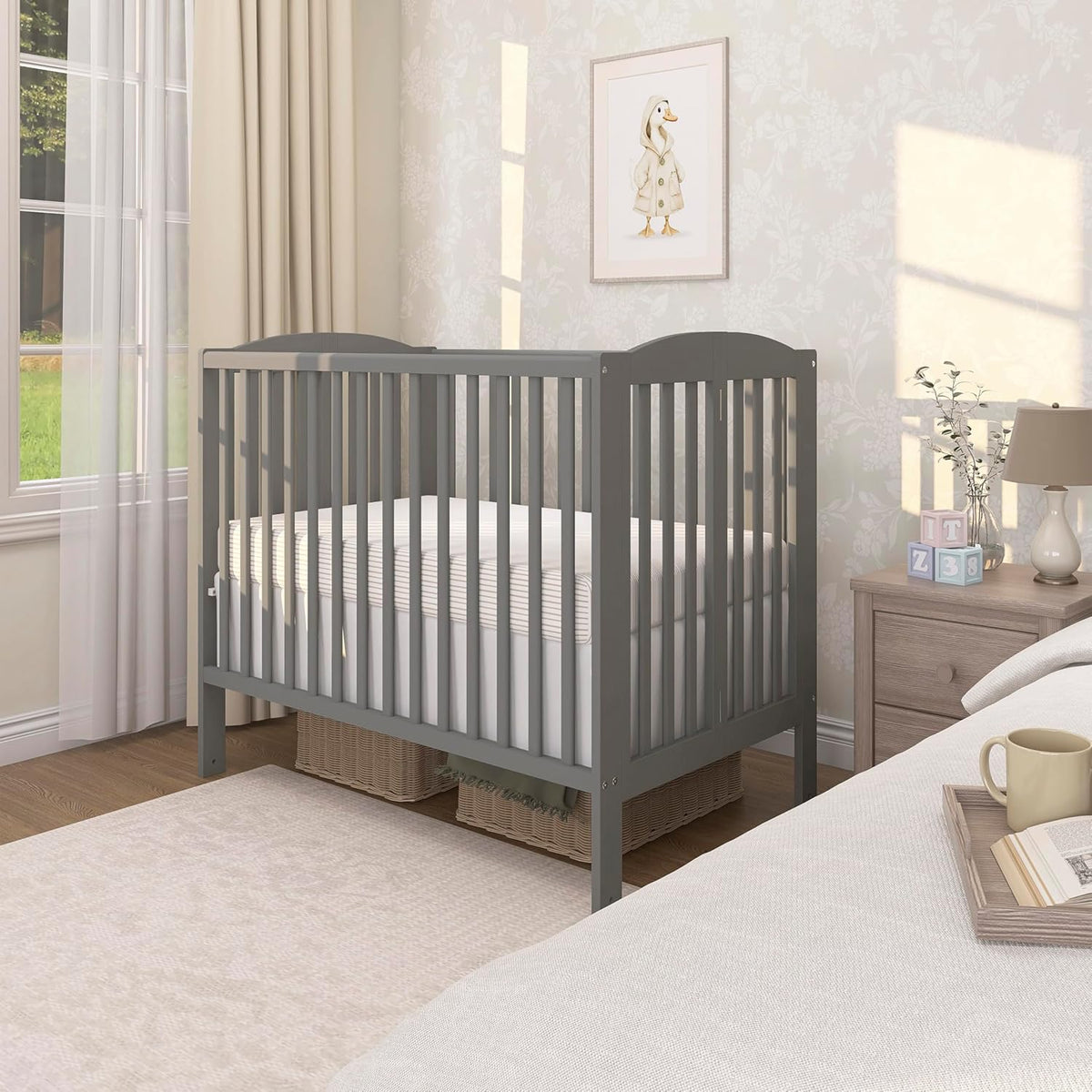 Dream On Me Full-Size 2-in-1 Folding Baby Crib in Steel Grey, GreenGuard Gold & JPMA, Portable, Patented Quick Folding System, Strong Wheels, 2 Adjustable Mattress Heights