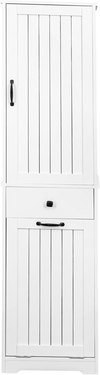Laundry Cabinet with Doors and Shelf, Tilt-Out Laundry Hamper, Multiple Storage Space, Freestanding, Open Shelve, Adjustable Shelf, White, HU26041107 (11.81"x18.11"x70.87")