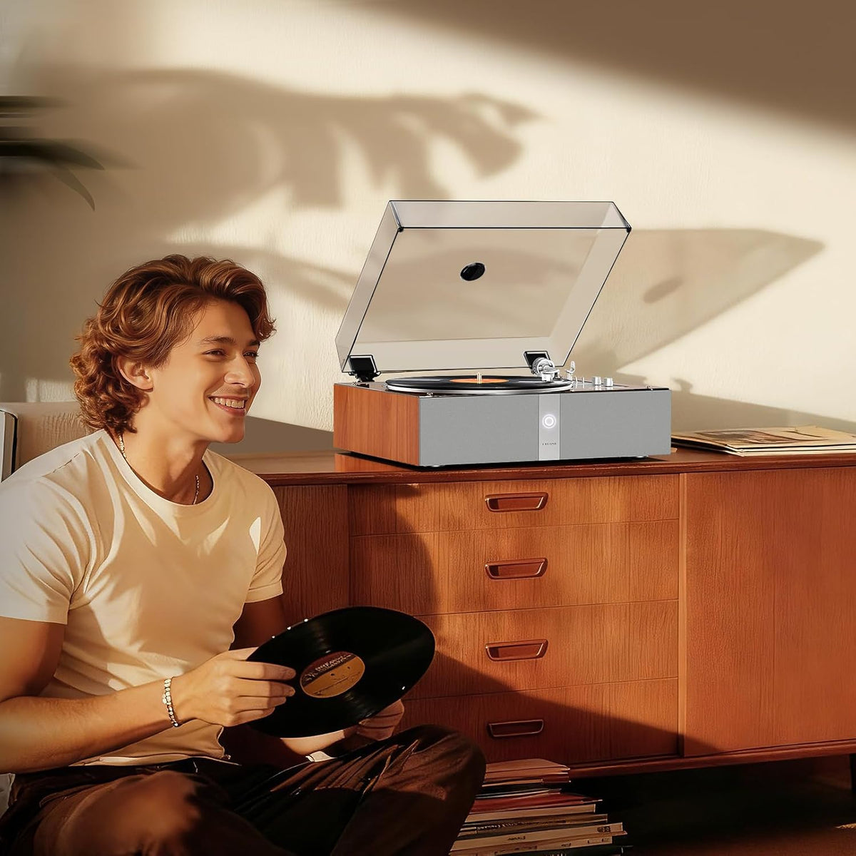 1 BY ONE Fully Automatic Record Player, All-in-One Vinyl Turntable with Automatic Repeat Function, Remote Control, Built in Speakers& DSP, Phono Preamp, AT-3600L Cartridge, Belt Drive 2-Speeds