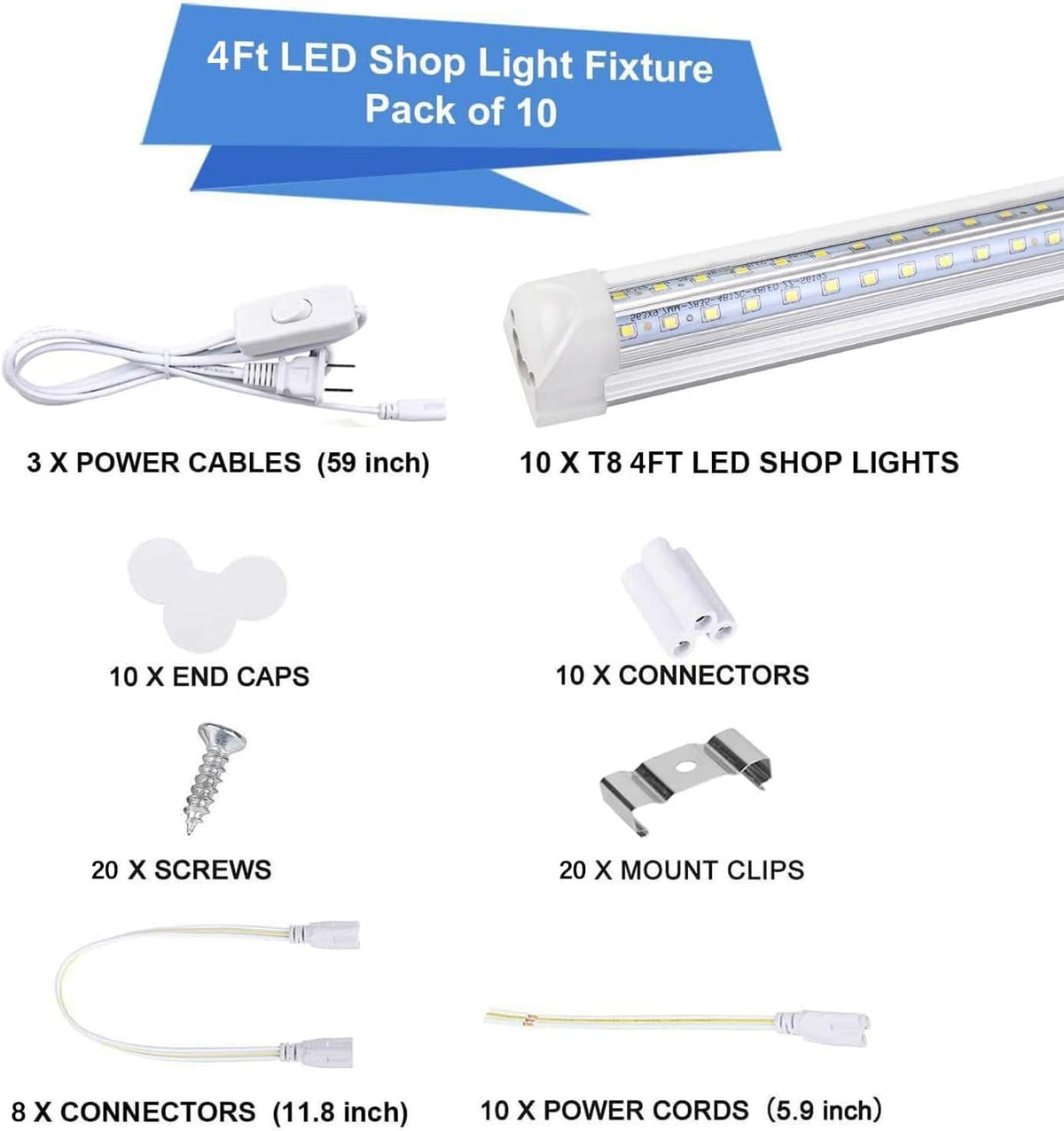 10Pack 4FT LED Shop Light - 50W 8000LM 6500K Linkable Clear Cover T8 LED Tube Light for Workshop, Warehouse, Basement - Plug and Play