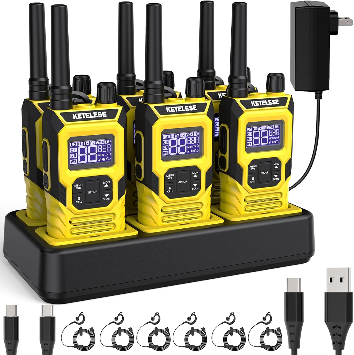 KETELESE T4 Two Way Radio with Earpiece and Mic, FRS 22 Channel Walkie Talkie Long Range, IP67 Waterproof Walkie Talkies, Weather Alert, PTT Group, VOX, Yellow, 6Pack