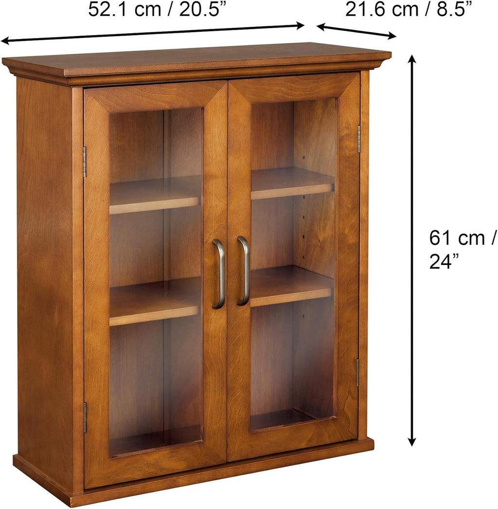 Teamson Home Avery Wooden Over The Toilet Bathroom Removable Wall Medicine Cabinet with 2 Adjustable Shelves 3 Storage Spaces 2 Glass-Paneled Doors and Antique Brass Knobs, Oiled Oak
