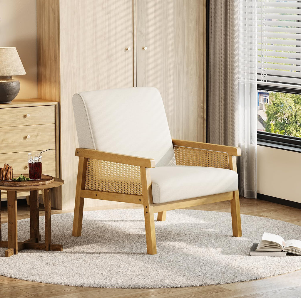 IDEALHOUSE Rattan Accent Chair, Linen Armchair, Upholstered Reading Chair with Wooden Frame and High Back, Leisure Chairs for Living Room Bedroom Waiting Room Reception, Beige