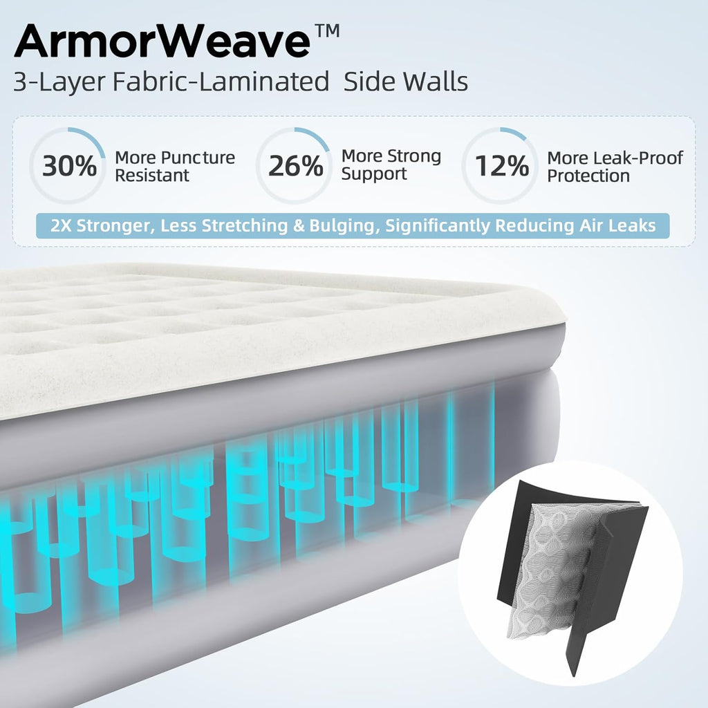 Queen Air Mattress with Built-in Pump 18in, 3-Layer Fabric-Laminated Side Walls Anti-Leak, Honeycomb Coil-Beam Support 800 LBS, 3-Min Inflation Blow up Air Mattress for Home Guests Camping