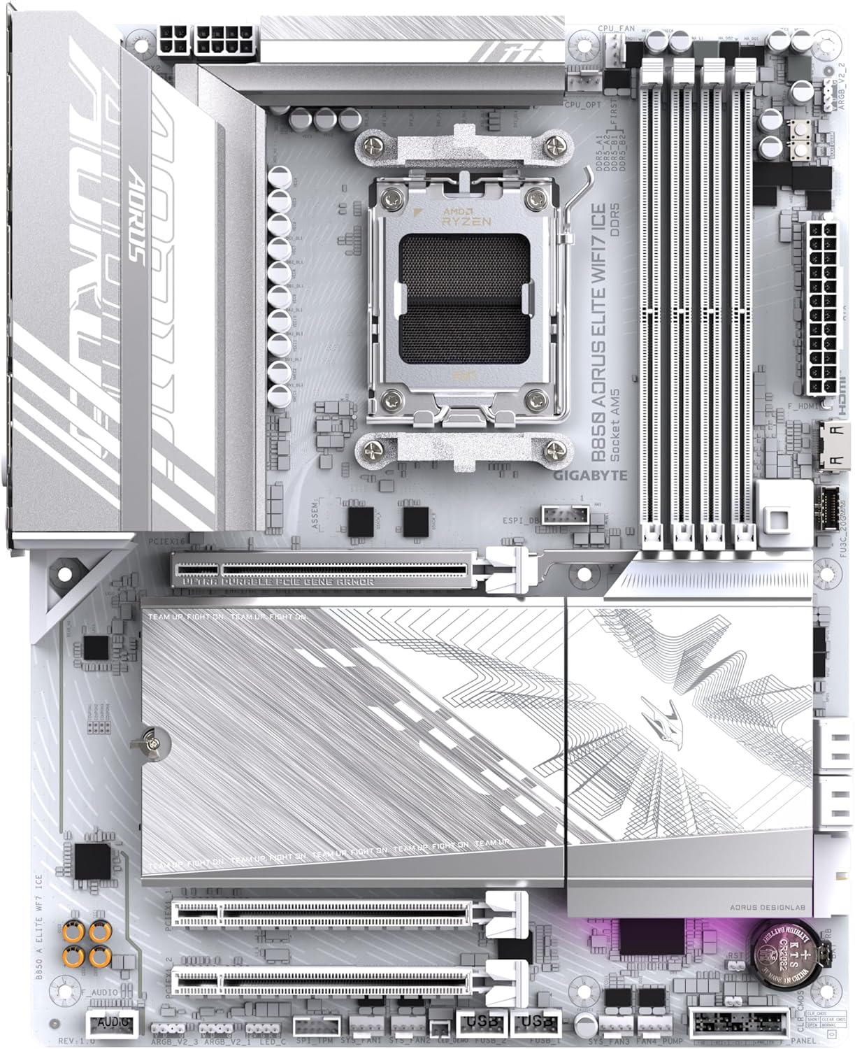 GIGABYTE B850 AORUS Elite WIFI7 Ice Motherboard - AMD Ryzen 9000 Series Processors, 12+2+1 Phase Digital VRM, up to 5200MHz DDR5 (OC), 1xPCIe 5.0 + 2xPCIe 4.0 M.2, LAN 2.5, WiFi 7, USB 3.2 Gen 2x2