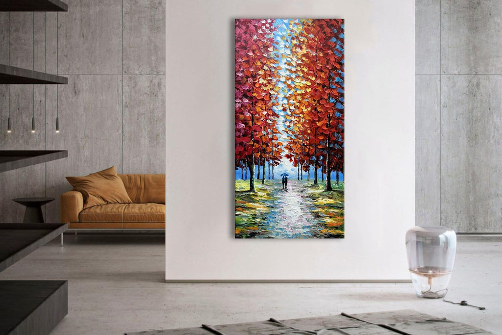 Alenoss Hand Painted 3D Abstract Oil Paintings on Canvas 24x48 Inches Large Modern Forest Landscape Vertical Red Canvas Wall Art Framed Artwork for Living room Bedroom Tree Art Decor