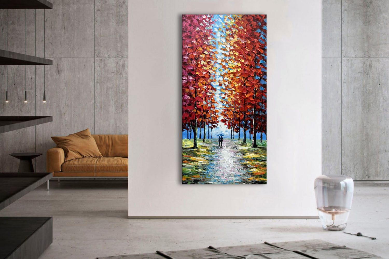 Alenoss Hand Painted 3D Abstract Oil Paintings on Canvas 24x48 Inches Large Modern Forest Landscape Vertical Red Canvas Wall Art Framed Artwork for Living room Bedroom Tree Art Decor