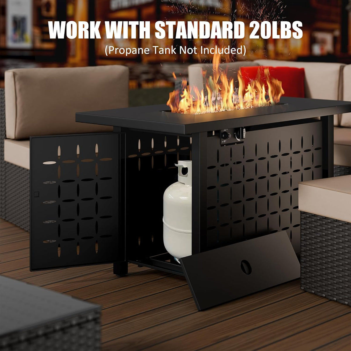 Vongrasig 43" Gas Fire Pit for Outside, 50,000 BTU Outdoor Propane Fire Pit Table with Lid & Lava Rock, Steel Rectangular Fire Table for Patio, Backyard, Deck, Garden, Black