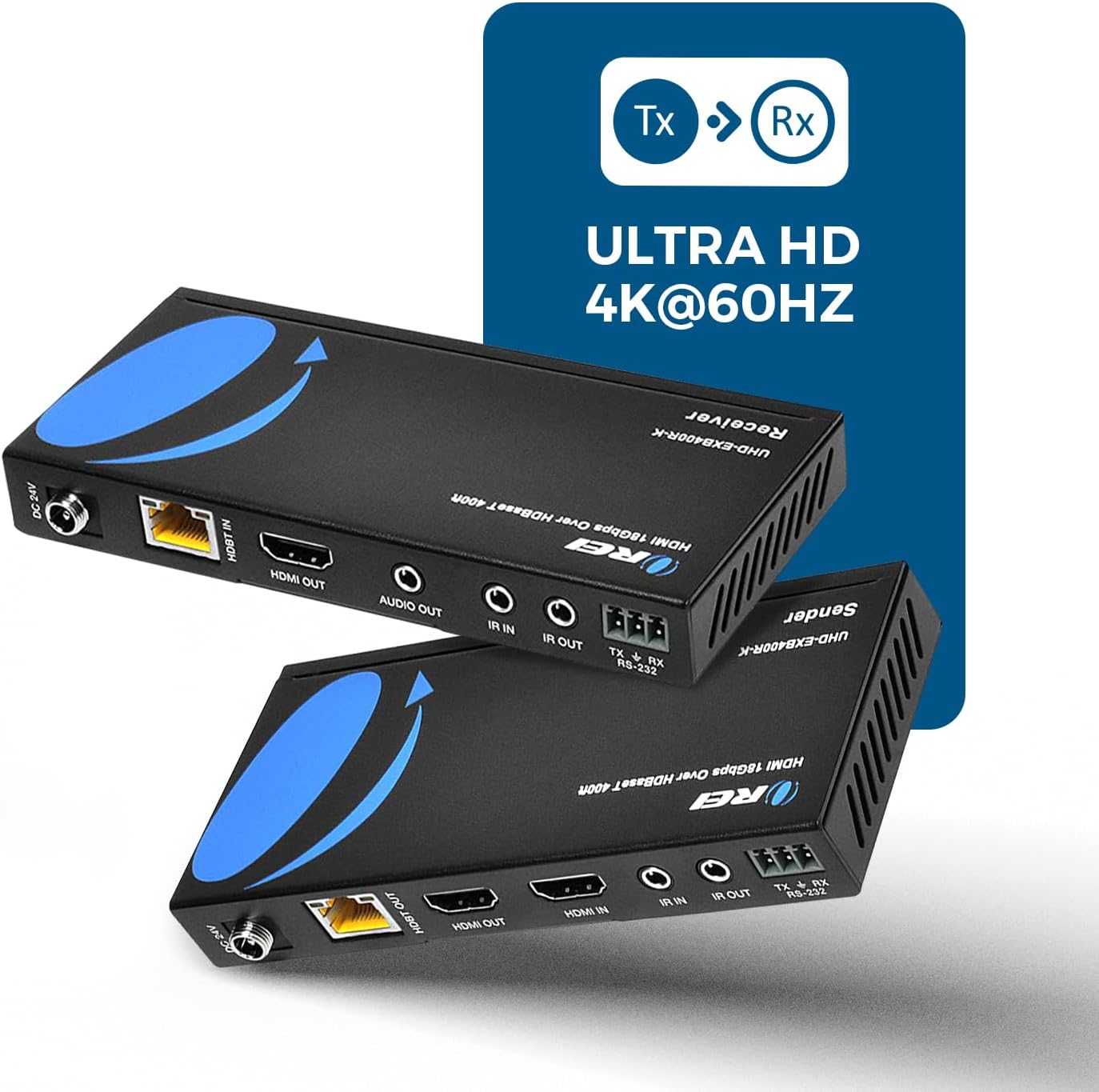 OREI 4K HDMI over Ethernet Extender Balun - HDBaseT UltraHD 4K @ 60Hz 4:4:4 CAT5e/6/7 Cable with HDR, CEC & IR Control, RS-232 Up to 400 Ft Loop Out POC Audio Out (UHD-EXB400R-K)