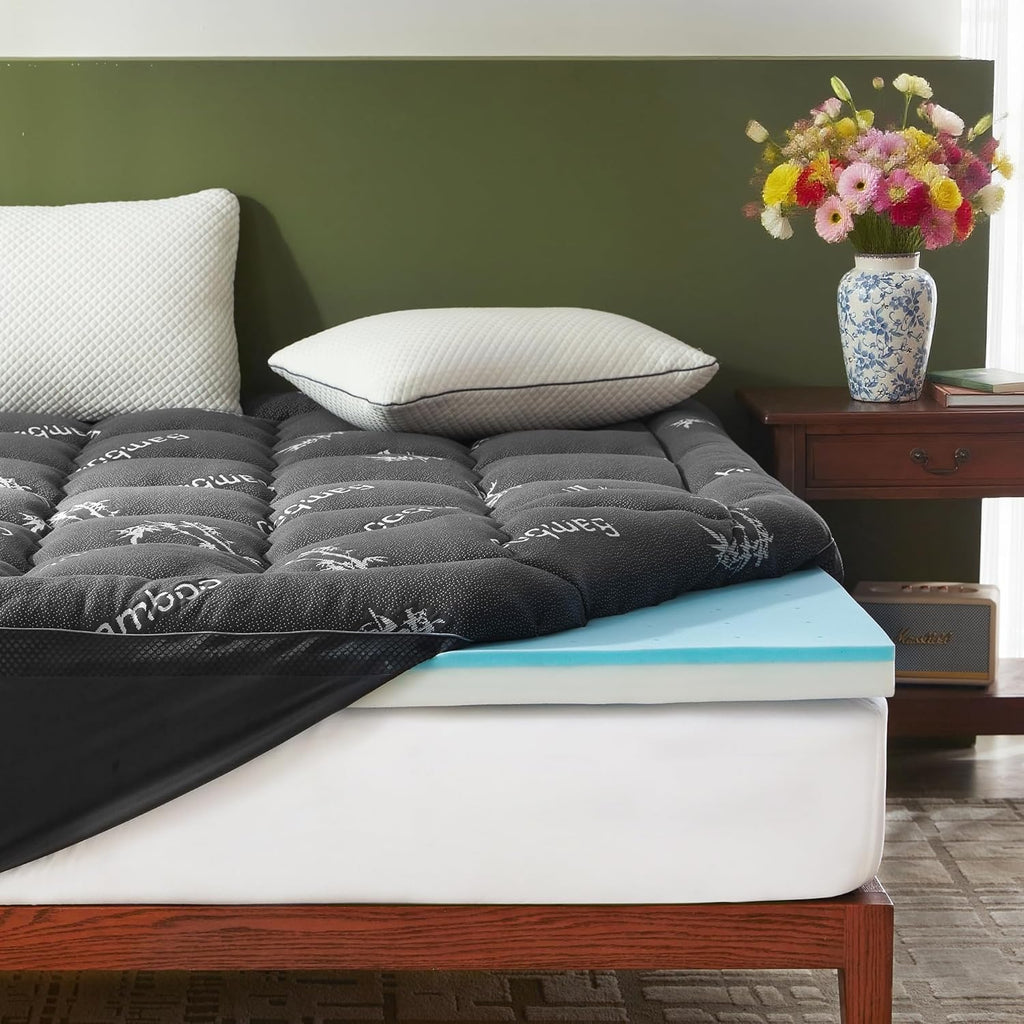 BEDLORE 4 Inch Memory Foam Mattress Topper King,2-in-1 Dual Layer Design (2" Gel Memory Foam + 2" Plush Pillow Top Cover) Mattress Topper Medium-Firm,Pressure Relief & Back Pain Support(Dark Gray)