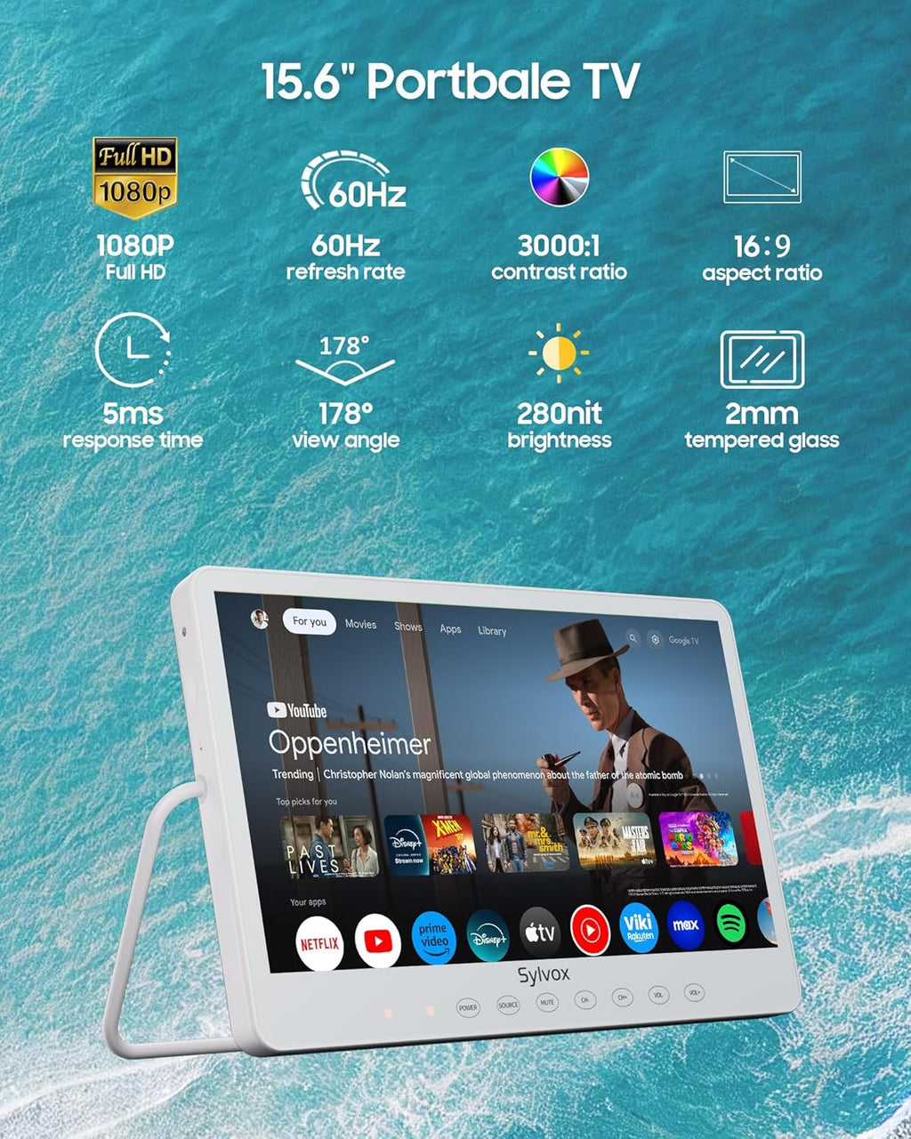 SYLVOX Waterproof Portable TV, 15.6" Shower TV 1080P Smart TVs for Bathroom, 10000mAh Rechargeable Battery Operated (4-6H Play Time), IP66 Waterproof, Voice Assistant, 360° Rotating Kickstand