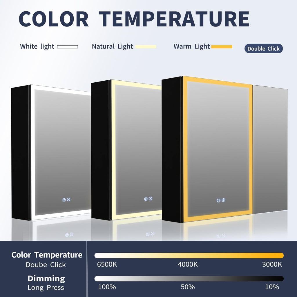 Lighted Medicine Cabinet with Mirror, 30 x 28 inch LED Bathroom Mirror Cabinet with Anti-Fog, Dimmable 3 Colors Front & Bottom Light, Buit-in Sockets & USBs, 2 Shelves, No Assembly Required