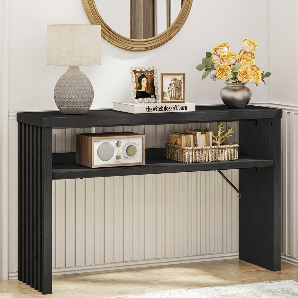 BON AUGURE Black Console Table 47 Inches, Entryway Table with Storage, Sofa Tables Narrow Long, Wooden Couch Tables Behind Sofa for Living Room, 2 Tier Entrance Tables