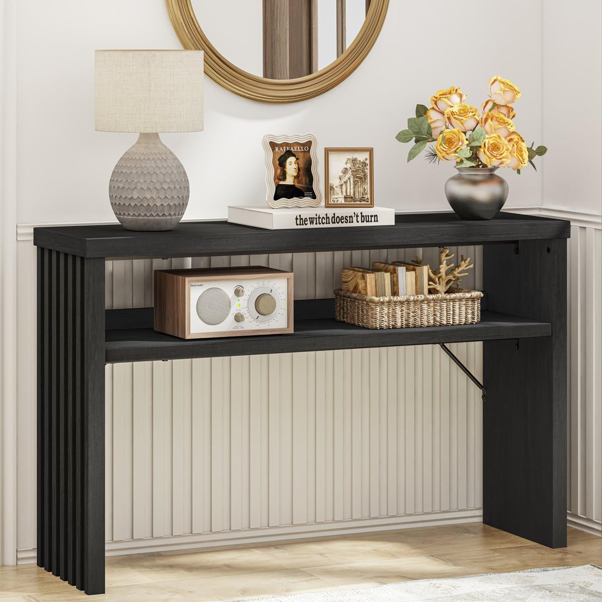 BON AUGURE Black Console Table 47 Inches, Entryway Table with Storage, Sofa Tables Narrow Long, Wooden Couch Tables Behind Sofa for Living Room, 2 Tier Entrance Tables