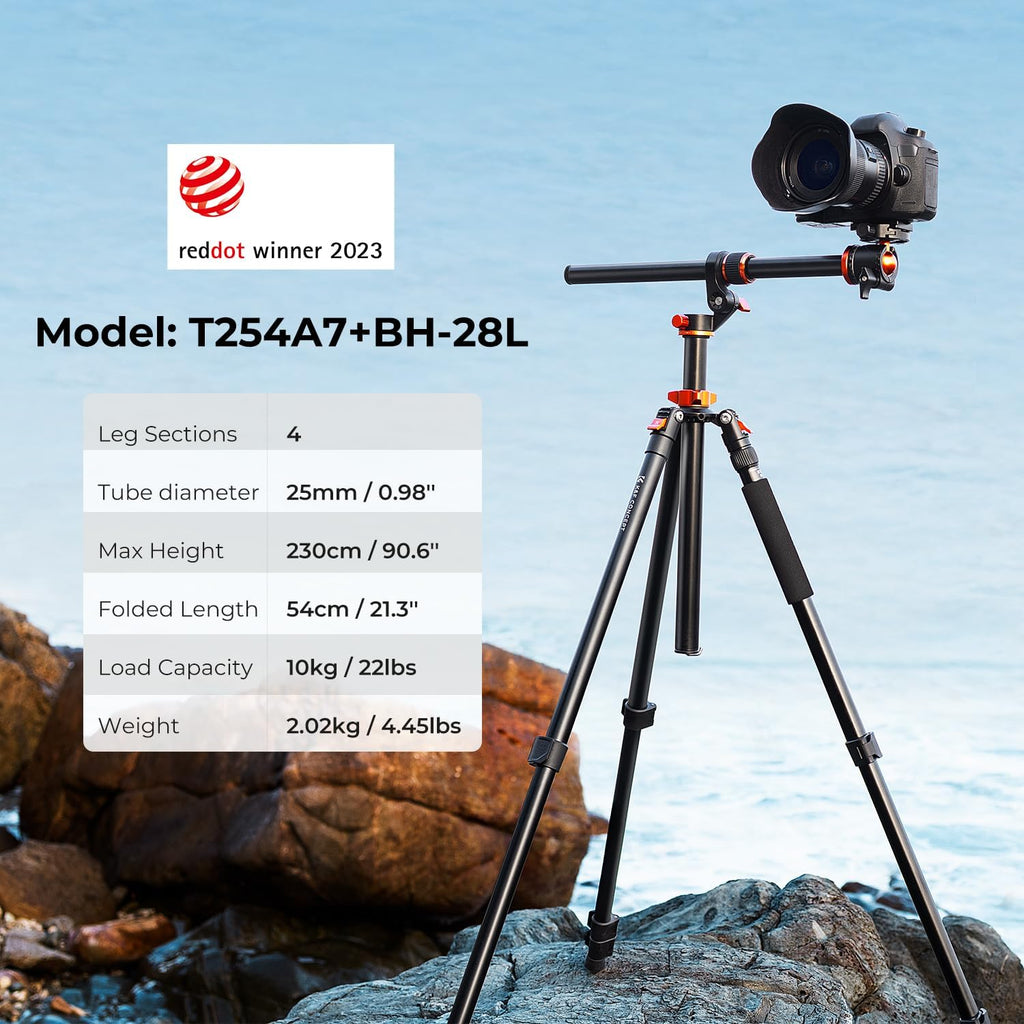 K&F CONCEPT 90''/230cm Ultra High Camera Tripod,Horizontal Overhead Shooting Flexible Travel Tripods with Metal Ball Head 10KG Load Capacity, Detachable Monopod, for Indoor and Outdoor T254A7+BH-28L