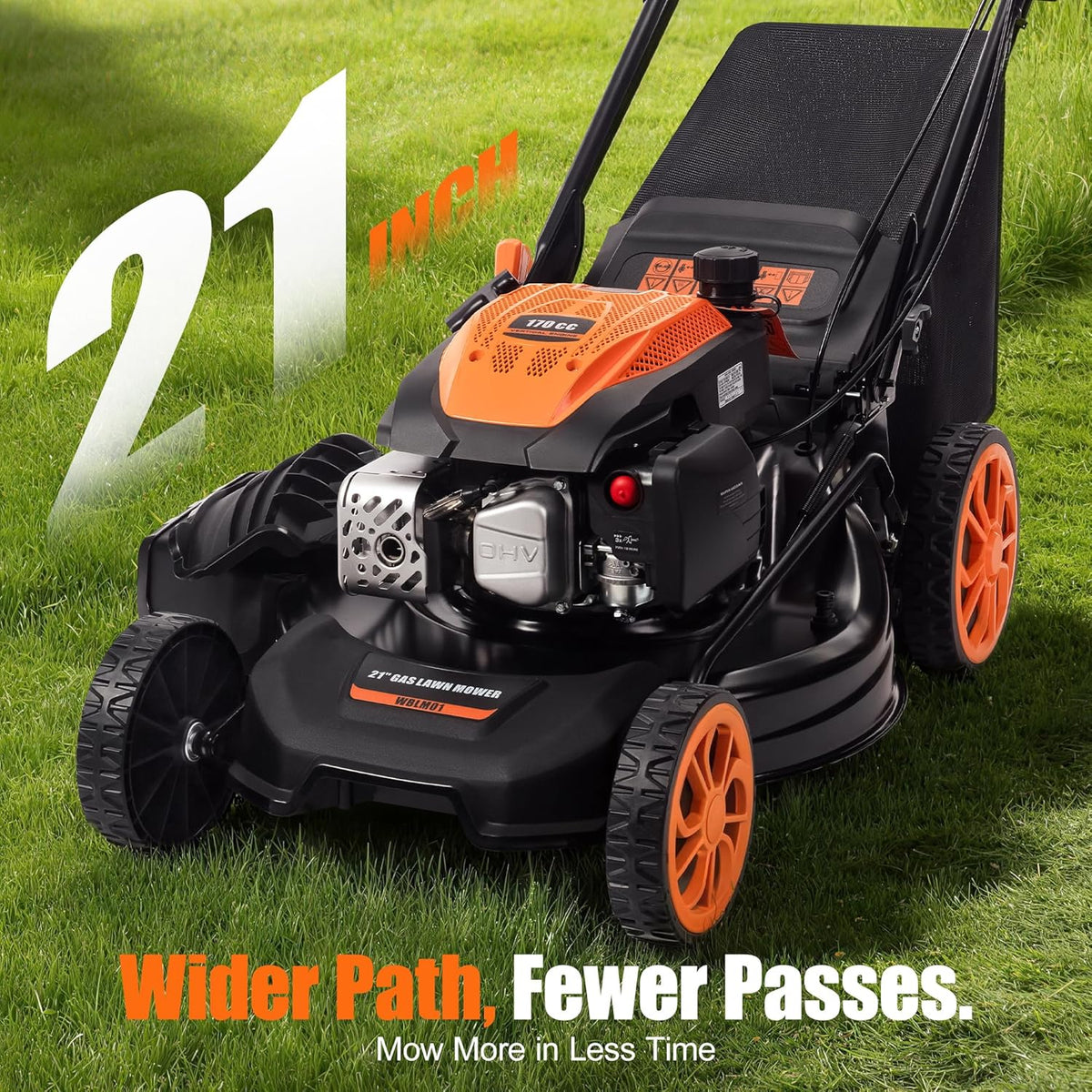 21" Self-Propelled Gas Lawn Mower – 170CC 4-Stroke Engine, 7 Cutting Heights, 3-in-1 Mulch/Bag/Discharge, 1.9-Bushel Large Grass Collector, EPA Compliant