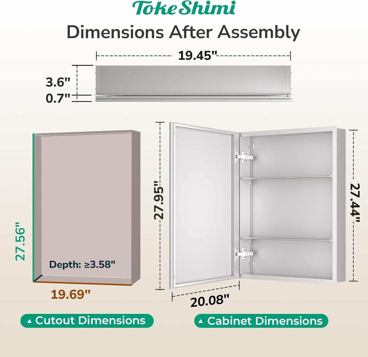 TokeShimi 20 x 28 Medicine Cabinet for Bathroom, Silver Recessed Medicine Cabinet with Tempered Beveled Mirror, Stepless Adjustable Shelves, DTC Hinge, Recessed/Wall Mounted