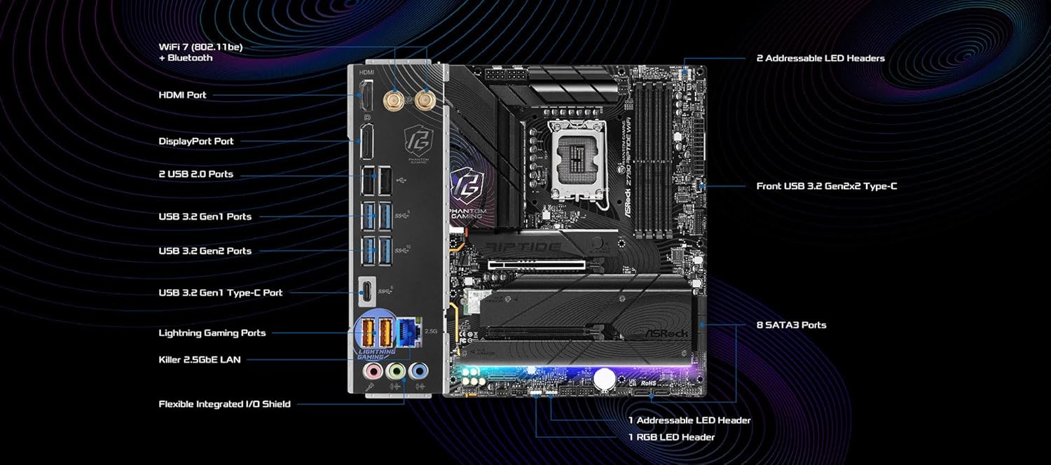ASRock Z790 Riptide WiFi LGA1700 ATX Motherboard | Supports 14th/13th/12th Gen Intel | DDR5 8000+ (OC) | PCIe 5.0 | WiFi 7 | 8 SATA | 16+1+1 Power Phase | Killer 2.5G LAN