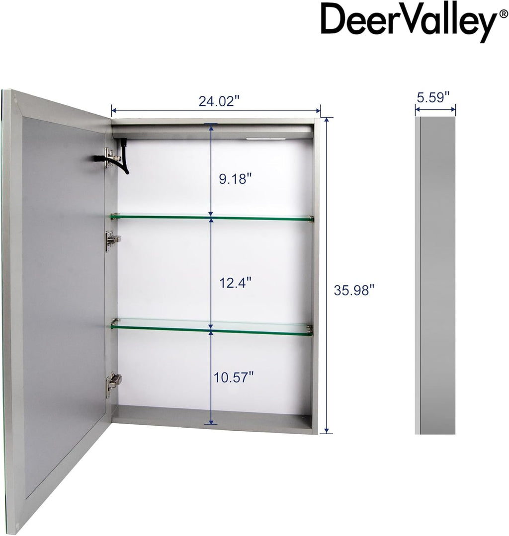 DeerValley 24" W x 36" H Led Lighted Medicine Cabinet with Mirror, Bathroom Medicine Cabinet with Defogger & 3-Color, Wall Mounted Mirrored Medicine Cabinets with Lights
