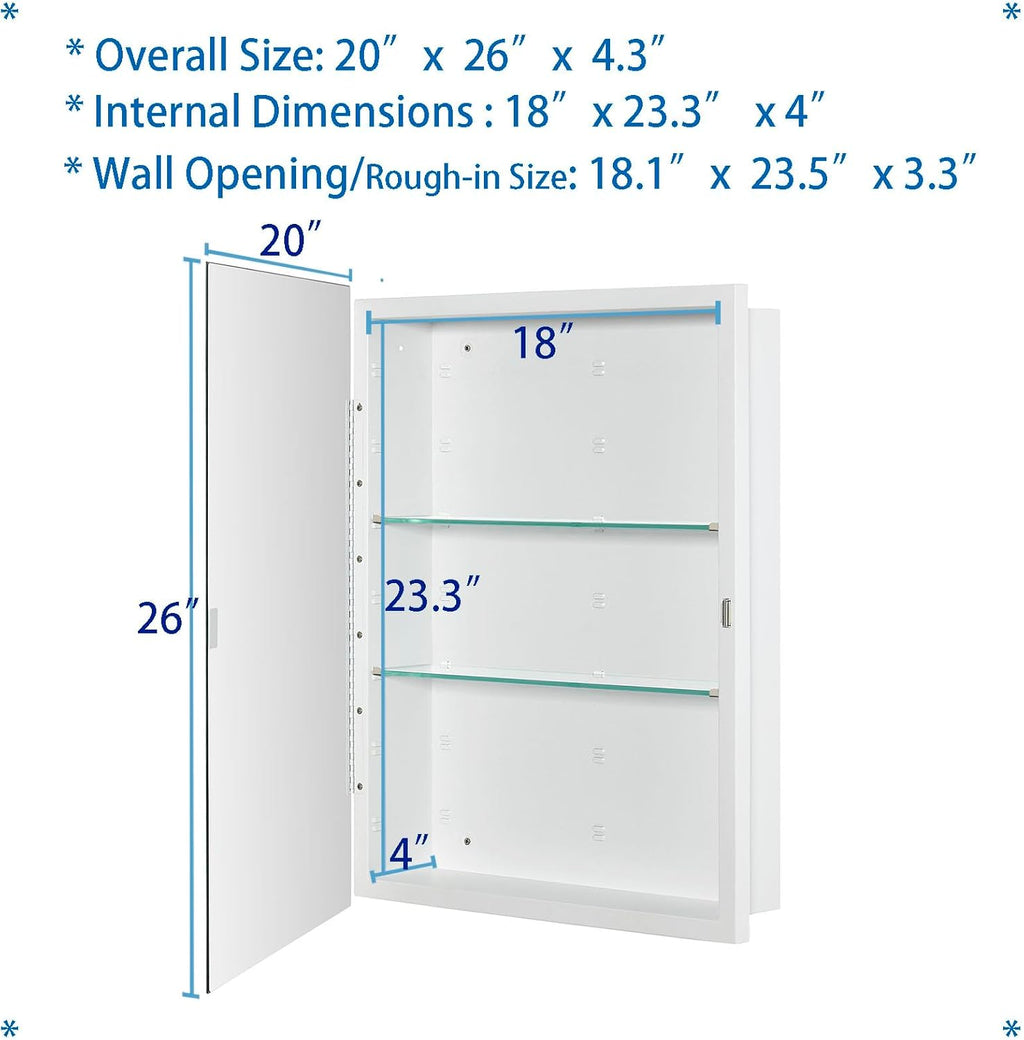 IDYLLOR Bathroom Medicine Cabinet with Beveled Edge Mirrored Door 20 x 26 inch, Recessed or Surface Mount, with Adjustable Glass Shelves