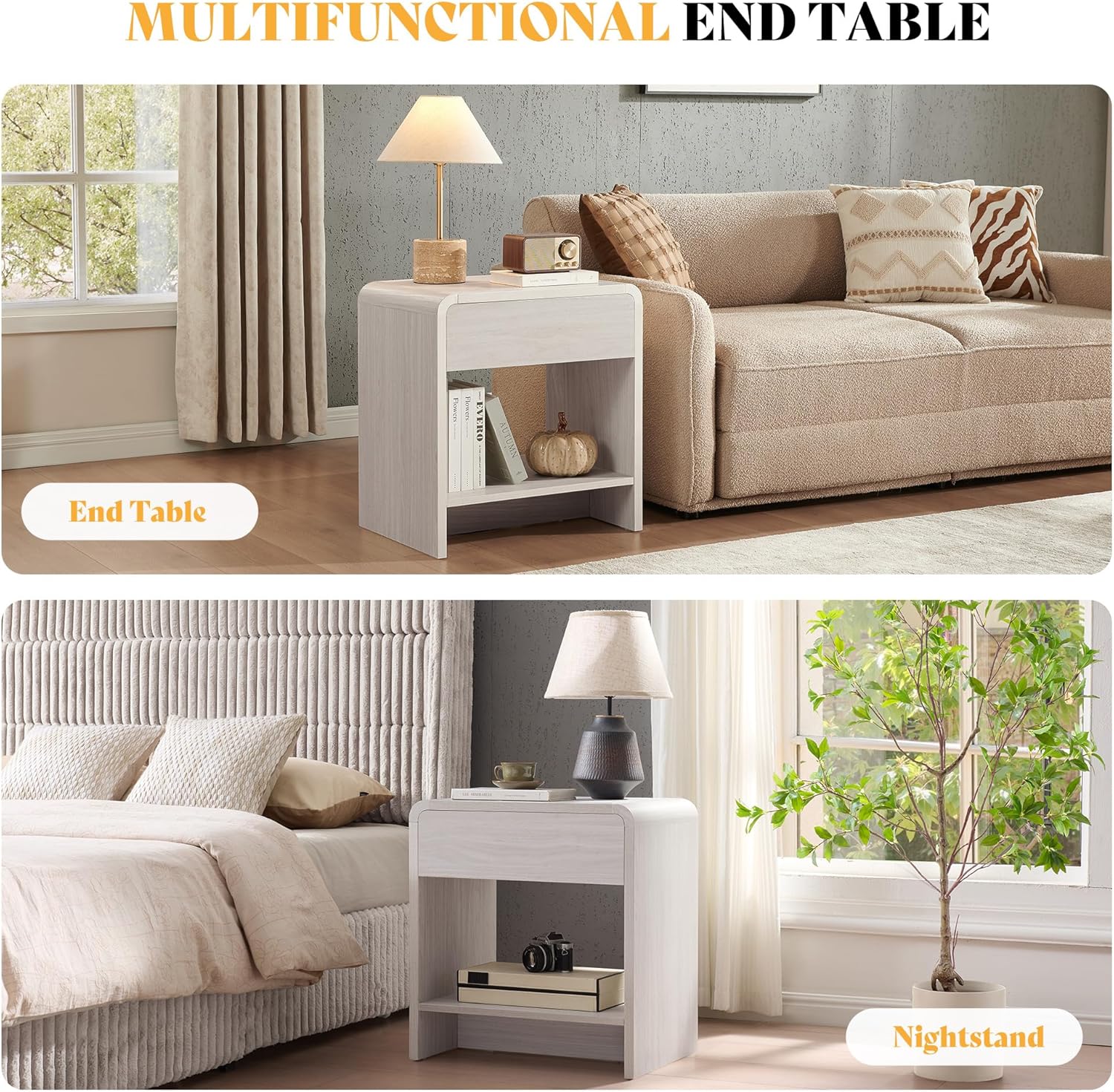 AMERLIFE 3-Piece Living Room Table Set, Includes Coffee Table & 2 End Tables, Modern Coffee Table Sets with Large Storage Drawers & Smooth Rounded Edges, White