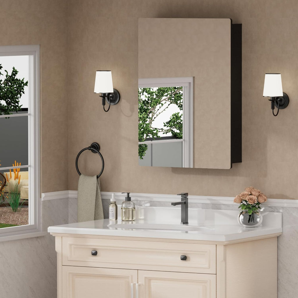 14”x24” Wall Mounted Medicine Cabinet with Mirror, 13.1” x 21.1” Recessed Bathroom Cabinets for Storage, Adjustable Tempered Glass Shelves, Soft-close DTC Hinges, HD Reflection, Pre-assembled, Black