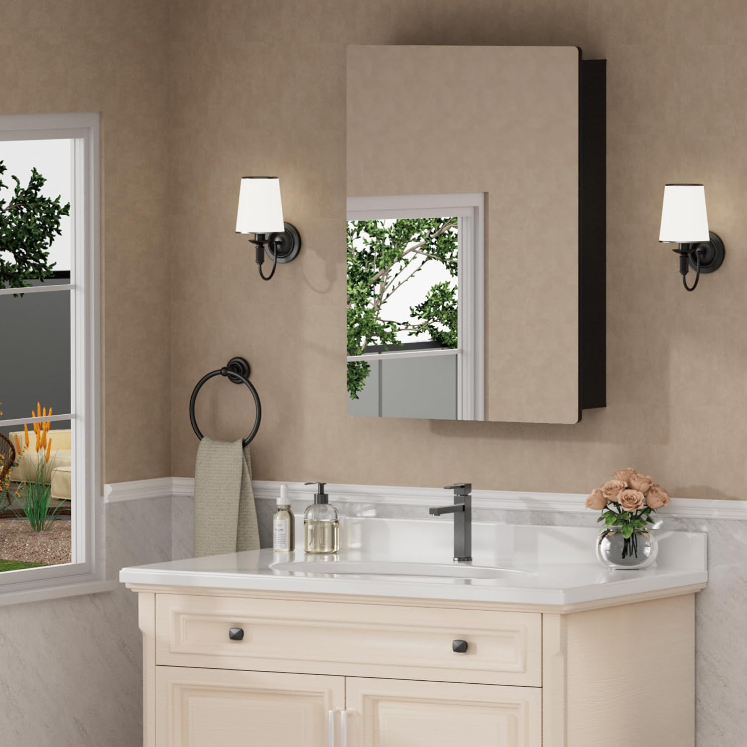 14”x24” Wall Mounted Medicine Cabinet with Mirror, 13.1” x 21.1” Recessed Bathroom Cabinets for Storage, Adjustable Tempered Glass Shelves, Soft-close DTC Hinges, HD Reflection, Pre-assembled, Black