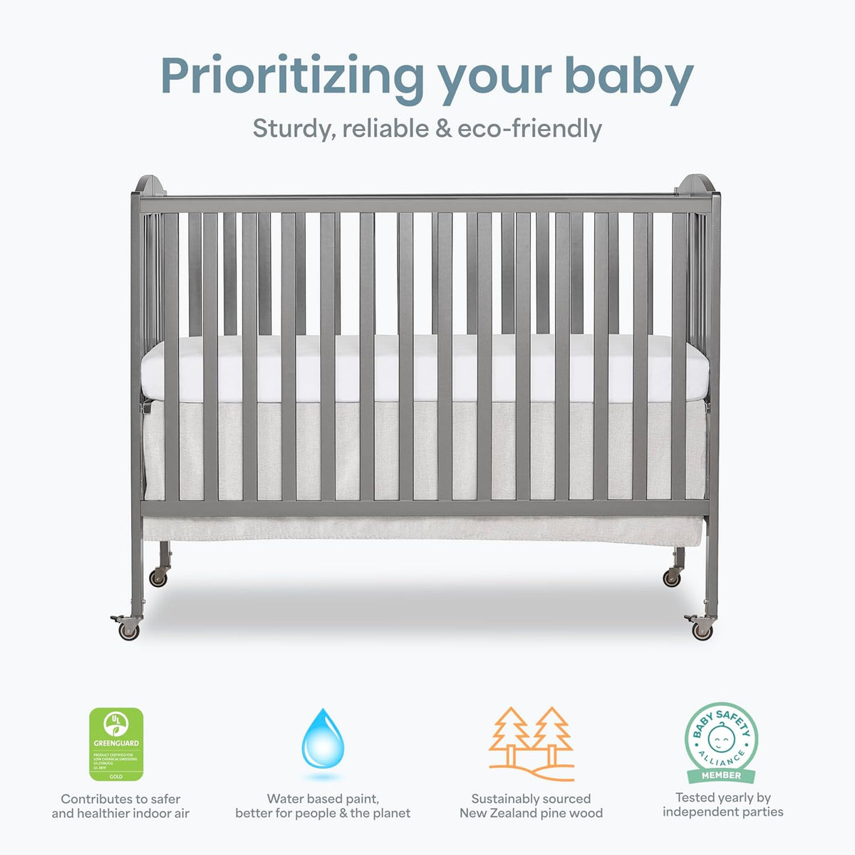 Dream On Me Full-Size 2-in-1 Folding Baby Crib in Steel Grey, GreenGuard Gold & JPMA, Portable, Patented Quick Folding System, Strong Wheels, 2 Adjustable Mattress Heights