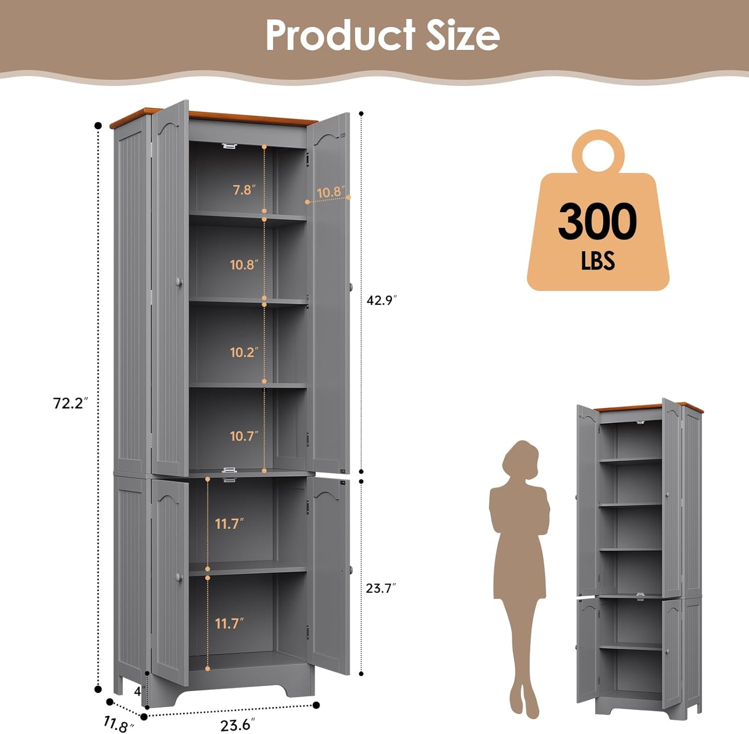4 Door Pantry -72.2'' Kitchen Cabinet with Adjustable Shelves, Freestanding Cupboard, Tall Storage Cabinets for Dining Room, Living Room, Laundry, Bathroom, Entryway, Grey