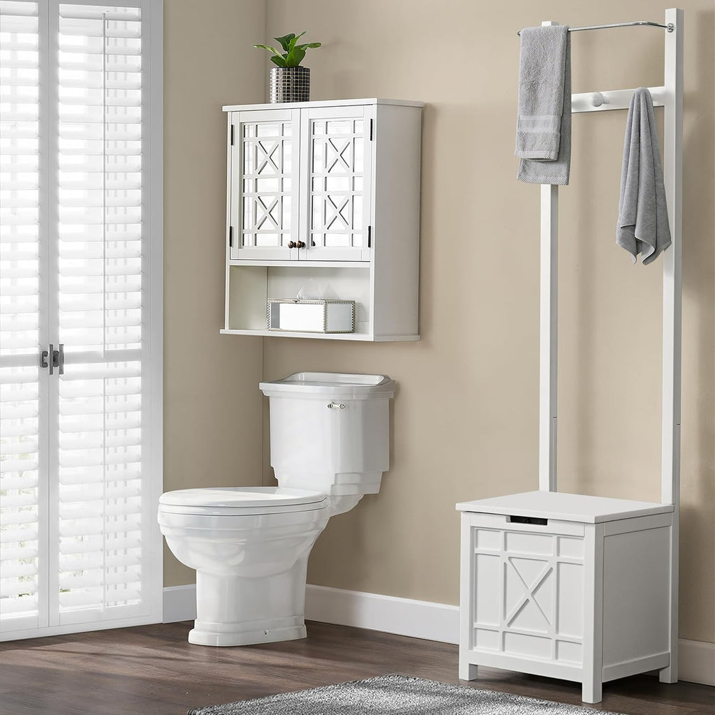 Derby Laundry Hamper with Towel Rack - Stool for Entryway, Laundry Room, or Bathroom Storage (White)