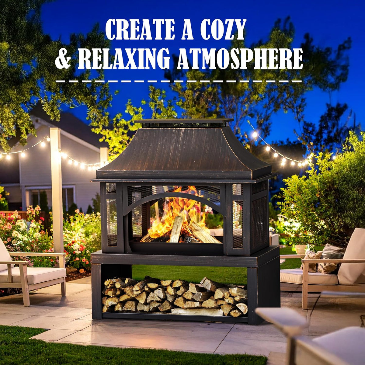 39" Fire Pits with Wood Storage for Outside, Large Wood Burning Outdoor Fireplace with Chimney, Mesh Spark Screen & Fire Poker, Idea for Backyard, Patio, Party, Camping, Picnic