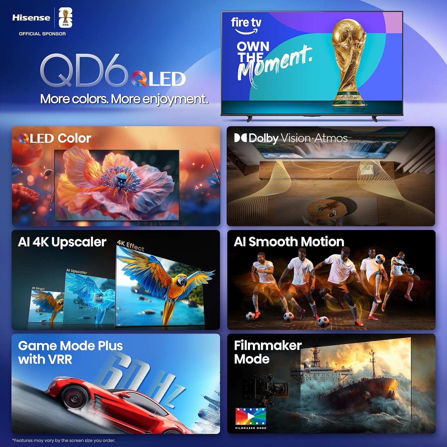 Hisense 43" Class QD6 Series (43QD6QF, 2025 Model) QLED 4K UHD Smart Fire TV, Voice Remote with Alexa, Dolby Vision, Dolby Atmos, Motion Rate 120, HDR 10+, Game Mode Plus, MEMC, VRR, ALLM