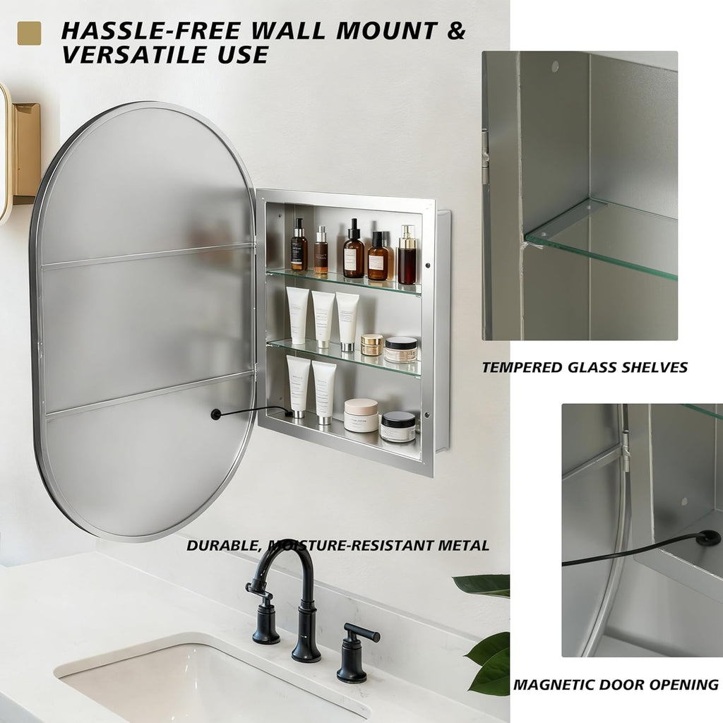 Oval LED Mirror Medicine Cabinet, Wall Mounted Bathroom Storage Cabinet with Tempered Glass Shelves, Metal Frame, Touch Control, 3 Color Temperature Dimmable Lighting, 33.5 x 21 Inch (Black)