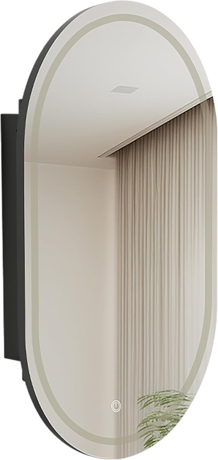 Oval LED Mirror Medicine Cabinet, Wall Mounted Bathroom Storage Cabinet with Tempered Glass Shelves, Metal Frame, Touch Control, 3 Color Temperature Dimmable Lighting, 33.5 x 21 Inch (Black)