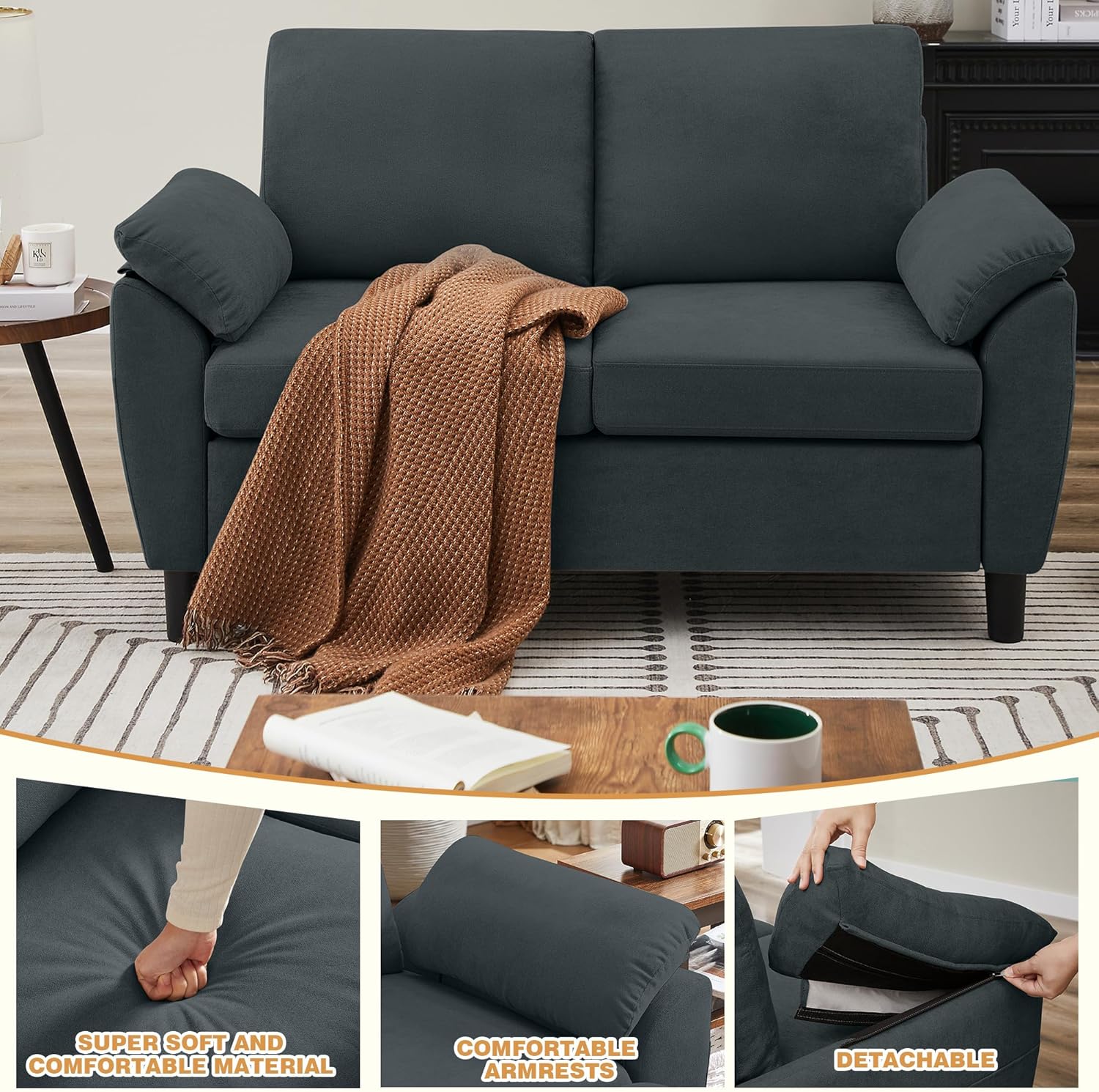 4 Piece Convertible Sectional Sofa Set, Modern Linen Small L Shaped Couch with Reversible Chaise, 3-Seater Sofa & Loveseat & Armchair for Living Room, Office, Apartment, Dark Grey