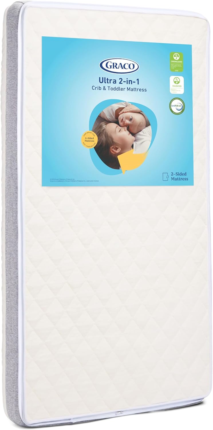 Graco Ultra 2-in-1 Premium Dual Sided Crib & Toddler Mattress - GREENGUARD Gold, CertiPUR-US Certified Foam, Machine Washable Cover with 100% Waterproof Surface, Fits Standard Crib & Toddler Beds