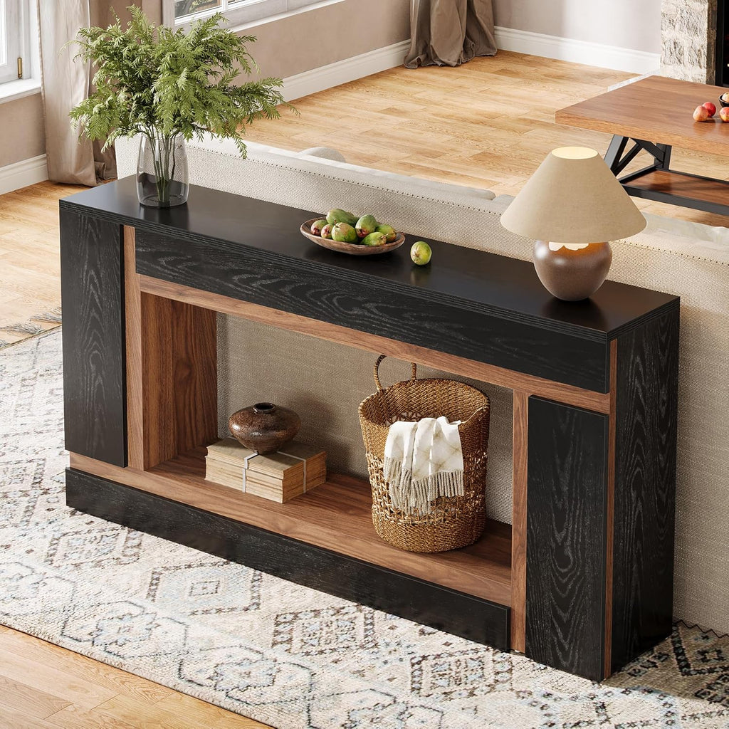 Tribesigns 63-Inch Long Console Table for Entryway, 2-Tier Narrow Wooden Rectangular Sofa Table Behind Couch for Hallway, Entrance, Foyer, Front Door, Living Room, Black & Walnut