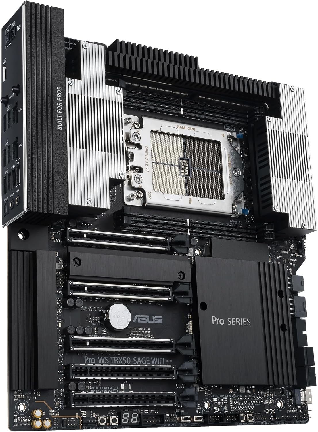 ASUS Pro WS TRX50-SAGE WIFI CEB Workstation motherboard, AMD Ryzen Threadripper PRO 7000 WX,ECC R-DIMM DDR5, 36 power-stage, WiFi 7,PCIe 5.0 x 16,PCIe 5.0 M.2, 10 Gb and 2.5 Gb LAN, multi-GPU support.