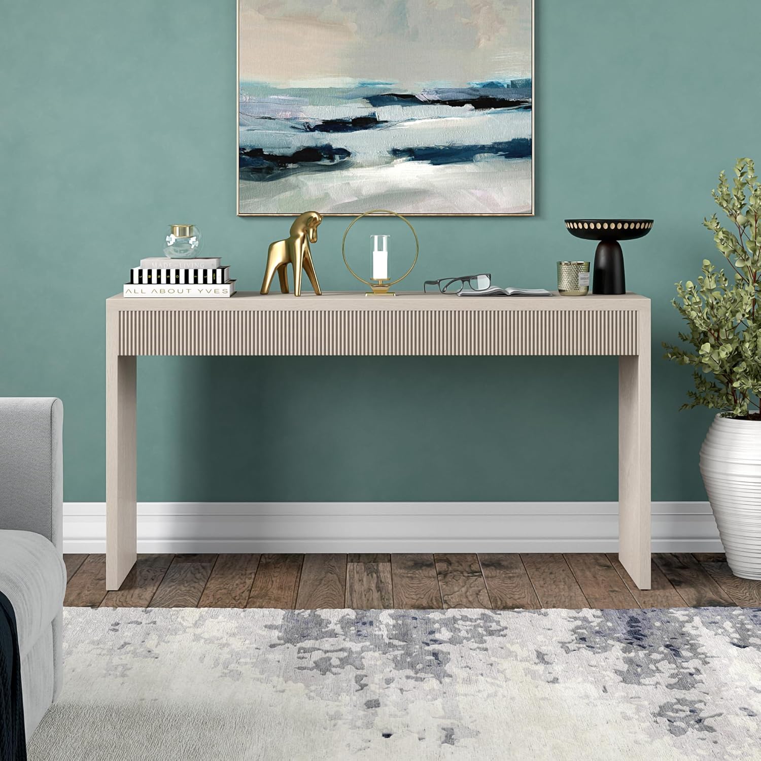 Henn&Hart 55" Rectangular Fluted Console Table, Ribbed Entryway Table, Sofa Table for Entryway, Living Room, Couch, Hallway, or Office, Beech White