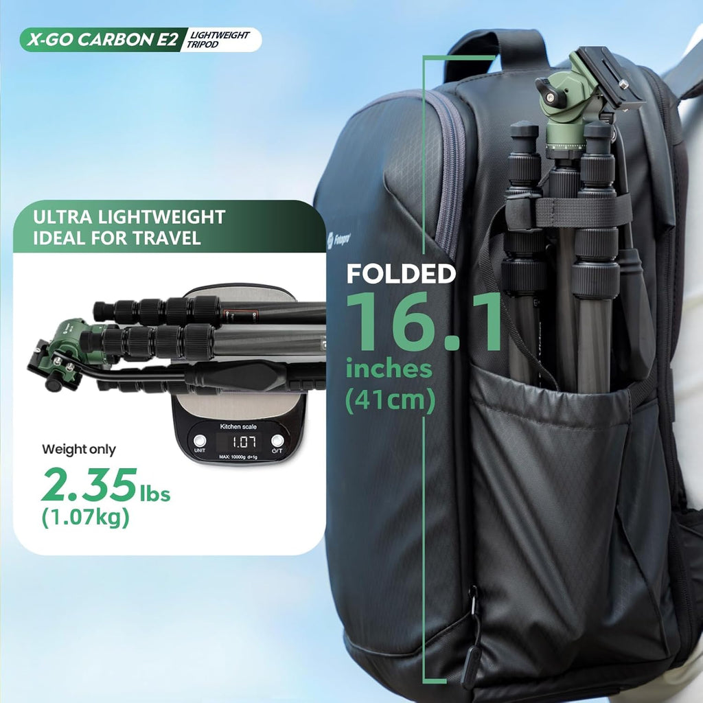 Fotopro 59" Carbon Fiber Travel Tripod with Fluid Head Detachable Monopod with Quick Release Plate and Bag Camera Tripod Load up to 8KG/17.63lbs X-go E2 Video Green