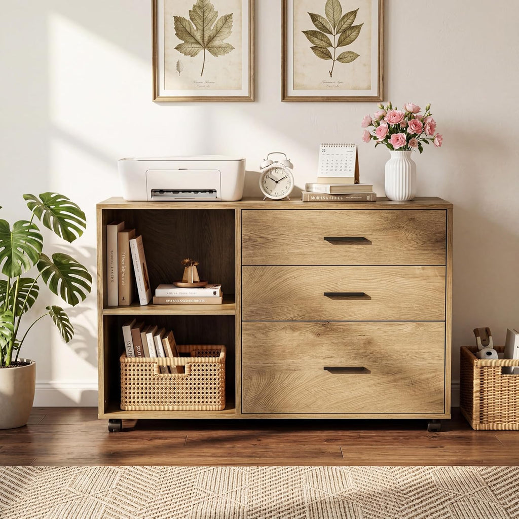 Tribesigns 39-Inch Rolling File Cabinet with 3 Drawers, Wooden Office Lateral Filing Cabinet, Modern Printer Stand with Storage Shelves for Home Office, Light Brown