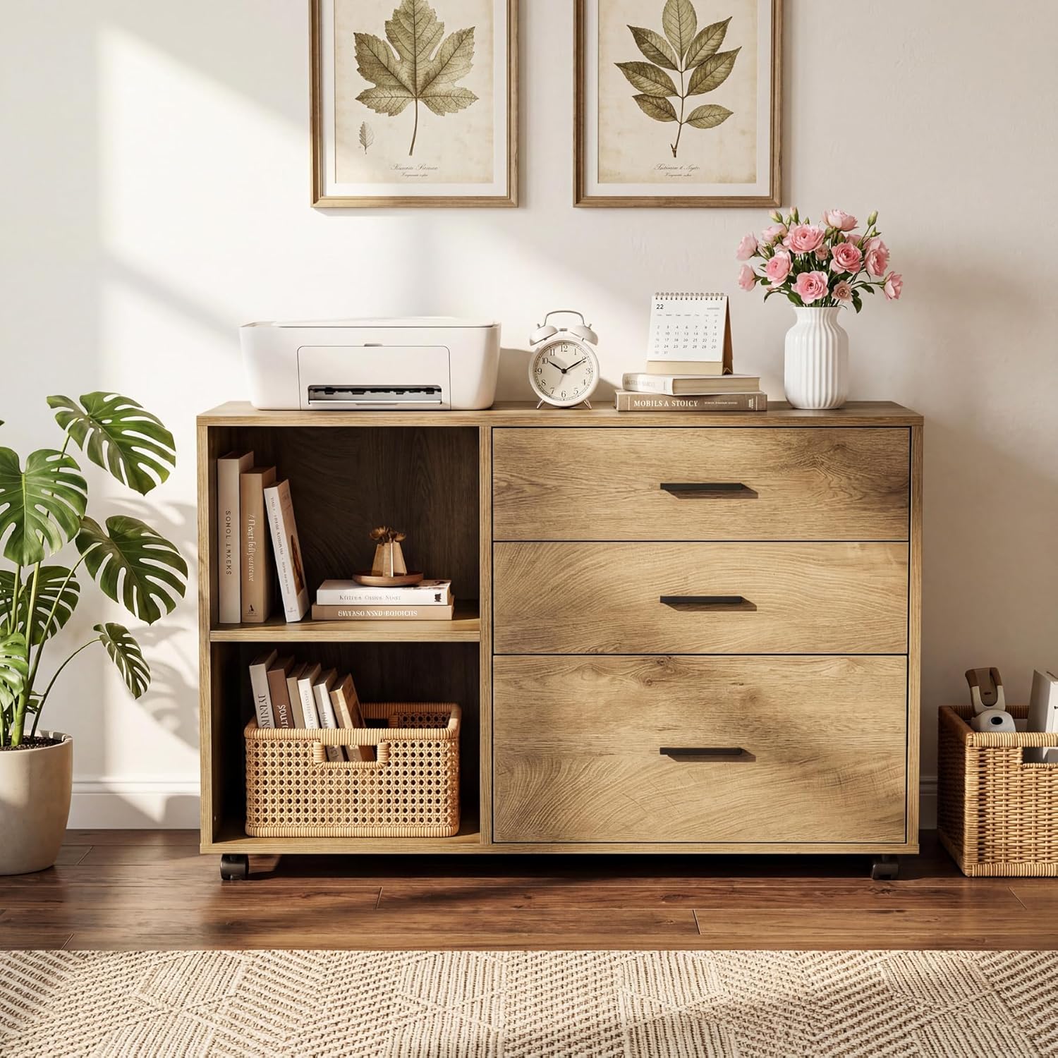 Tribesigns 39-Inch Rolling File Cabinet with 3 Drawers, Wooden Office Lateral Filing Cabinet, Modern Printer Stand with Storage Shelves for Home Office, Light Brown