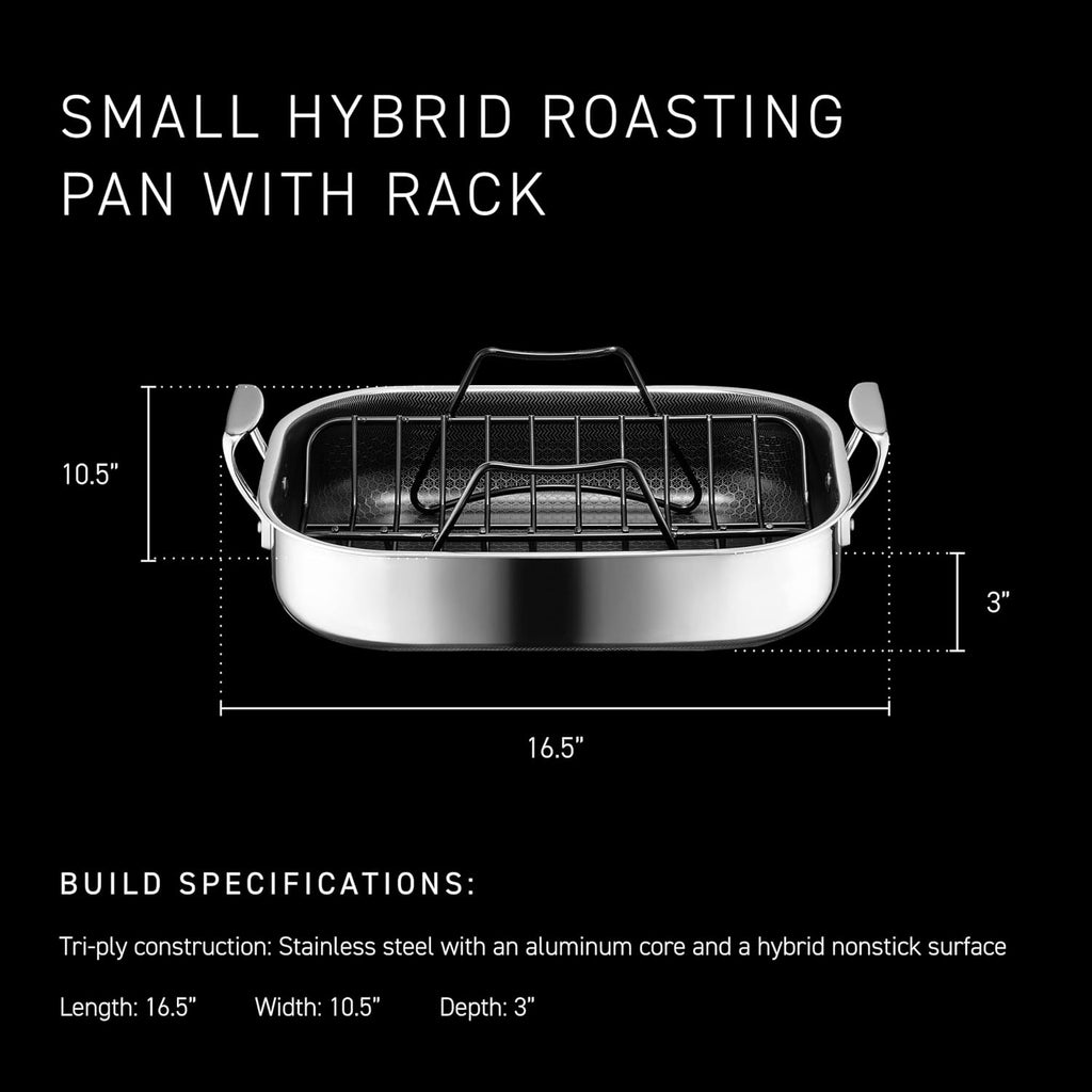 HexClad Hybrid 14 x 10 Inch Rectangular Nonstick Roasting Pan with Rack, Dishwasher-Friendly, Oven-Safe Up to 900°F, Compatible with All Cooktops