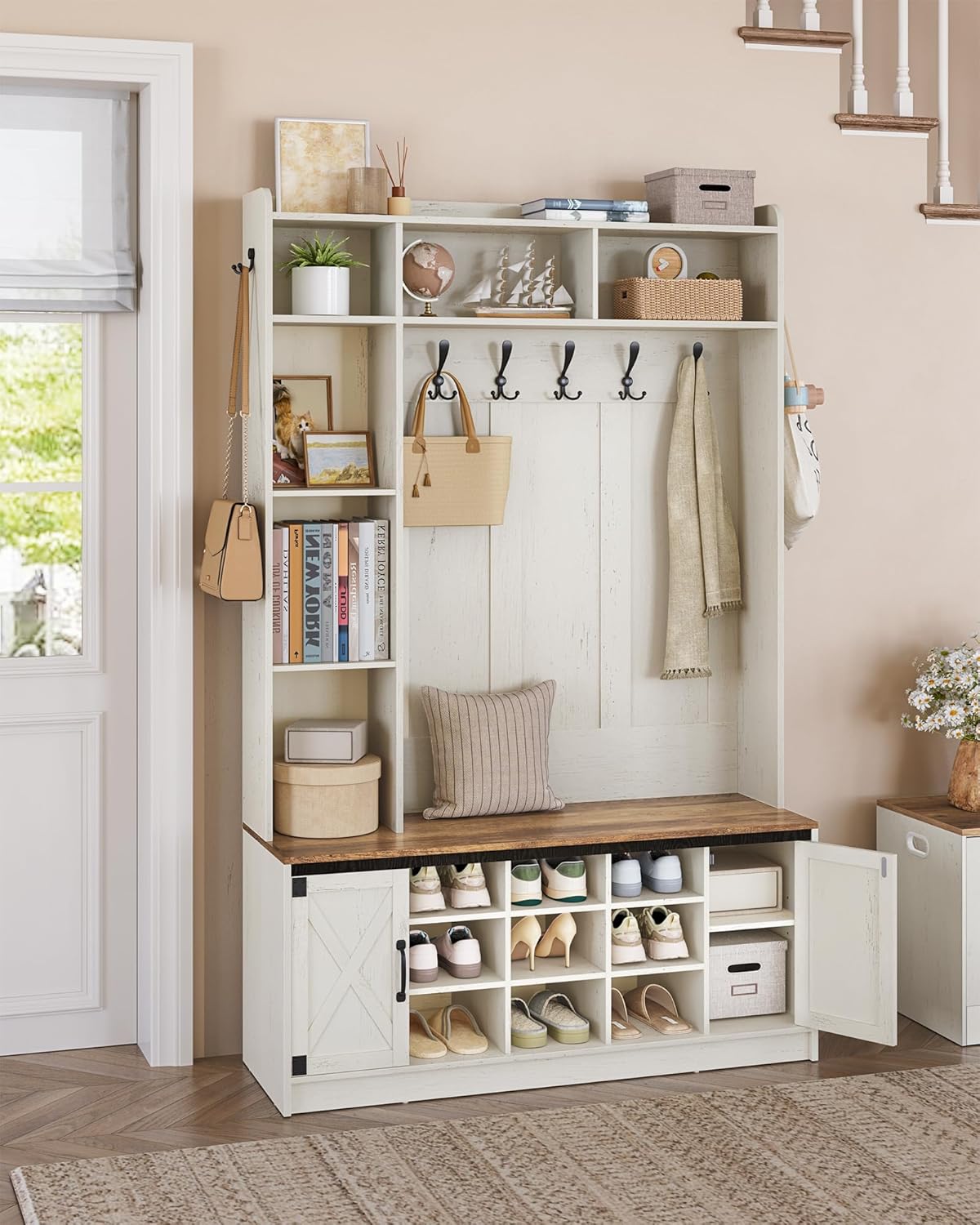 Hzuaneri 47.2" Hall Tree, LED Farmhouse Entryway Storage and Coat Rack Wood, Entryway Furniture with 7 Hooks, Hall Tree with Bench and Storage, 6 Storages Partitions Shoe Bench, Rustic White HT24514X
