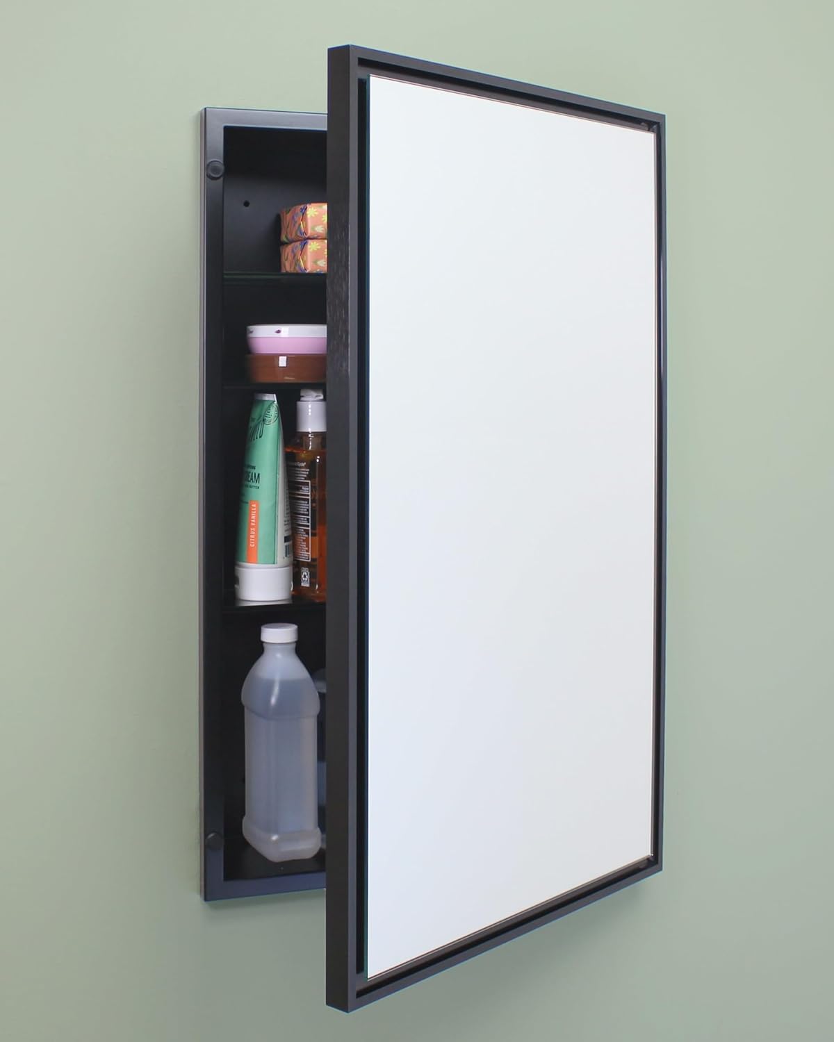 16x26 Parker Metro Metal Framed Rectangle Recessed Bathroom Medicine Cabinet, Floating Mirror, 14x24 in-Wall Opening, Steel, Adjustable Glass Shelves, Magnet Close, Black