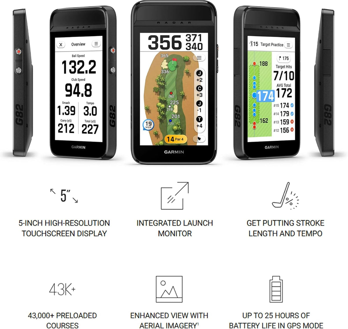 Garmin Approach G82 Launch Monitor and Premium Portable GPS Golf Handheld, 5-Inch Touchscreen, Built-in Radar, Putting Metrics, Virtual Caddie, 43000 Preloaded Courses Bundle